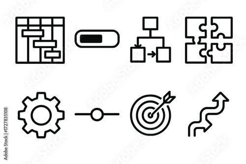 Workflow Icon Set. Workflow icons icons in outline style: Gantt chart, progress bar, flow arrows, puzzle pieces, gear, timeline bar, target dart,