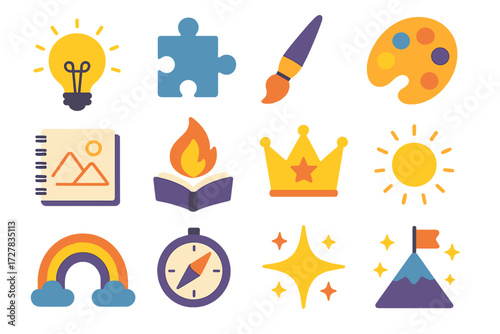 Creative Icon Montage. Creative blog post in modern flat vector : lightbulb idea, puzzle piece, paintbrush, color palette, sketchbook, storytelling