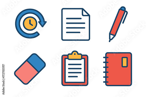 Modern Document Tools. Document tools in modern flat vector : edit history, paper sheet, red pen, eraser, clipboard, notebook