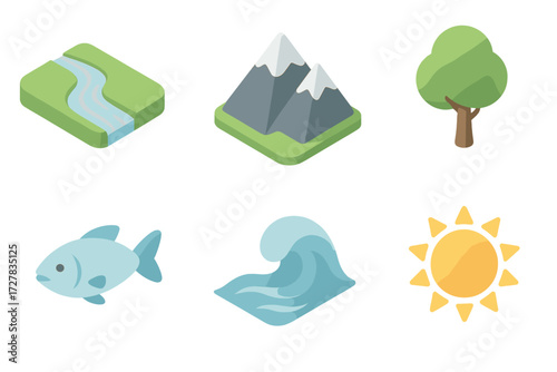 Isometric Nature Icons. Nature flow set icons in modern isometric flat : river rise, mountain, tree, fish, wave, sun