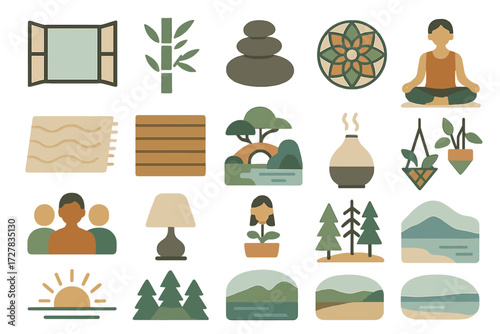 Zen Icons. Studio setting set of icons in abstract flat : open window, bamboo plant, zen stones, mandala, soft rug, wooden floor, calm garden, yoga