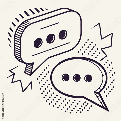 Two stylized speech bubbles with three dots inside each representing conversation or messaging in a graphic design style with a retro feel