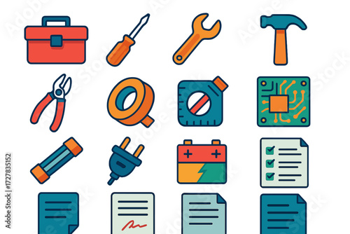 Modern Repair Icons. Repair & utilities in modern flat vector : toolbox, screwdriver, wrench, hammer, pliers, tape roll, measuring stick, calibration