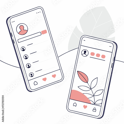 Two stylized smartphones displaying social media interfaces with profile icons posts hearts and a leaf illustration representing digital communication and online content sharing