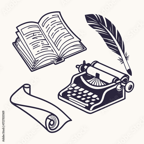 Vintage writing tools including an open book quill pen typewriter and rolled scroll symbolizing literature history and creativity in a classic illustration style