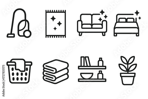 Home Cleaning Icons. Home cleaning icons in outline style: vacuum cleaner, carpet, sofa, bed, laundry basket, folded towels, shelves, plant pot.