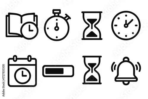 Time Tracking Icons. Time tracking icons in outline style: read time, stopwatch, sand timer, wall clock, calendar, progress bar, hourglass, alarm