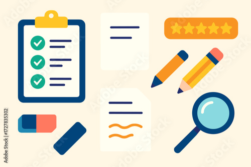 Modern Desk Essentials. Objects in modern flat vector : clipboard, paper sheet, checklist, star rating, pencil, eraser, magnifying glass, document