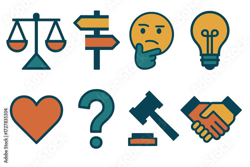 Ethical Icons Collection. Ethical choice icons set of icons in abstract flat : balance scale, crossroads sign, thinking face, lightbulb idea, heart