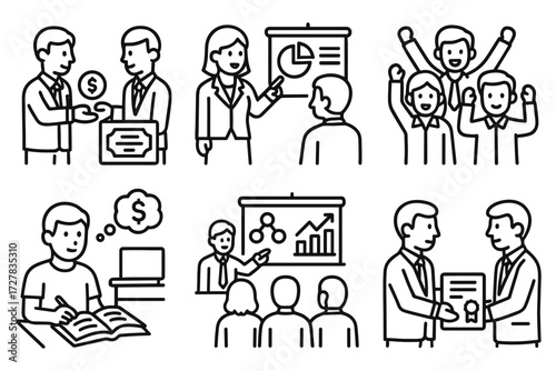 Business Icon Set. Situations icons in outline style: investor receiving payout, accountant explaining dividend, business team celebrating, student