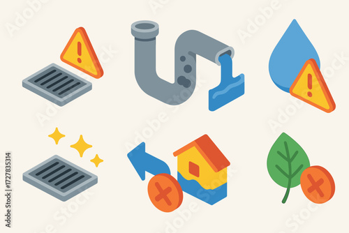 Gutter Signs & Warnings. Symbols set icons in modern isometric flat : gutter with warning sign, clogged pipe icon, water overflow symbol, droplet with