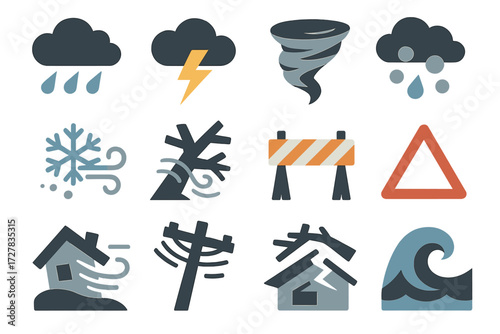 Storm Icons Set. Storm wind gust set of icons in abstract flat : dark cloud, rain droplets, lightning bolt, tornado swirl, hail, snowflake with wind,