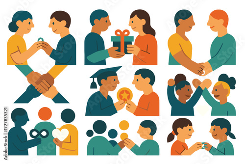 Icons of Friendship Bonds. Situations set of icons in abstract flat : friends exchanging rings, family giving gift, couple holding hands with ring,