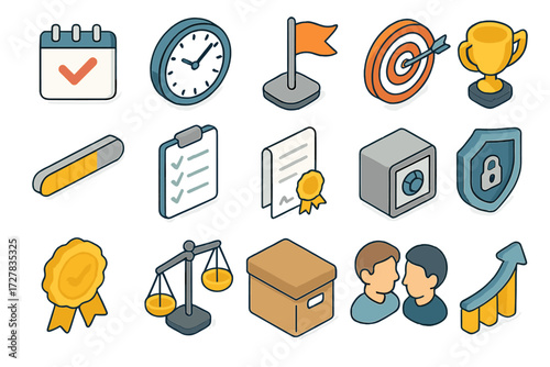 Reliability Icons Collection. Reliability set icons in modern isometric flat : calendar checkmark, punctual clock, milestone flag, target hit,
