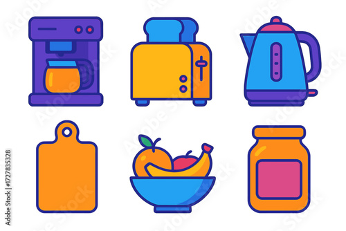 Minimalist Kitchen Icons. Kitchen counter in modern flat vector : coffee maker, toaster, kettle, cutting board, fruit bowl, jar