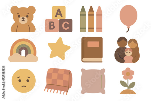 Childlike Icon Set. Childlike shyness set of icons in abstract flat : teddy bear, toy blocks, crayons, balloon, rainbow, star sticker, book, family