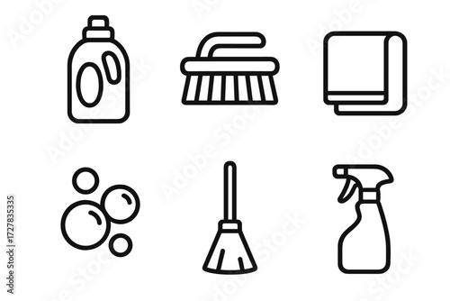 Cleaning Essentials Icons. Household cleaning icons in outline style: detergent bottle, scrub brush, towel, broom, soap bubbles, spray trigger