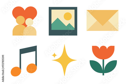 Memorable Icon Set. Memorable moments set of icons in abstract flat : love story, photo frame, letter, music note, sparkle, flower