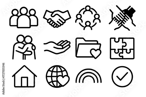 Community Unity Icons. Community work queue icons in outline style: group silhouettes, handshake, unity circle, diversity hands, supportive hug,