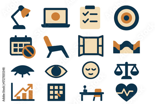 Focus and Rest Icons. Focus and rest set of icons in abstract flat : desk lamp, laptop, checklist, tunnel vision target, blocked calendar, break