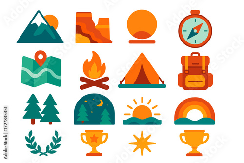 Vibrant Adventure Icons. Adventure vibe in modern flat vector : mountain peak, canyon, desert sun, compass, map, campfire, tent, backpack, forest