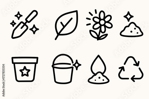 Eco Symbols Collection. Symbols icons in outline style: scoop with sparkles, leaf with checkmark, flower with rays, soil with glow, pot with star,