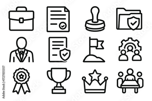 Workplace Loyalty Icons. Workplace loyalty icons in outline style: briefcase, contract paper, approval stamp, folder with shield, supervisor figure,