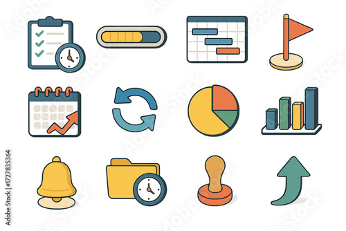 Time Management Icons. Time management set icons in modern isometric flat : checklist with clock, progress bar, gantt chart, milestone flag, calendar