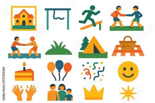 Playful Icon Set. Playful context set of icons in abstract flat : schoolyard, playground rope, gym class, field day, beach tug of war, park grass,