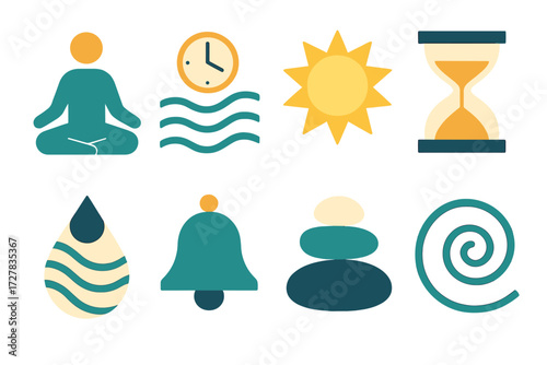 Mindful Timing Icons. Mindful timing visuals set of icons in abstract flat : meditation pose, breathing waves with clock, glowing sun, sand timer,