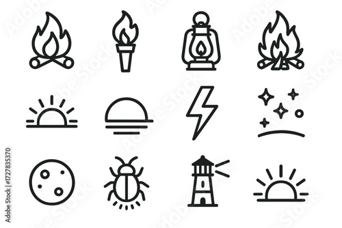 Outdoor Light Icons. Outdoor light sources icons in outline style: campfire, torch flame, lantern, bonfire, sunrise, sunset, lightning bolt, starry
