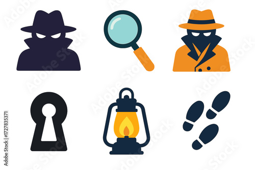 Mystery Icon Set. Mystery icons in modern flat vector : sneaky shadow, magnifying glass, trench coat figure, footprint trail, keyhole, lantern