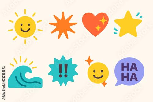 Vibrant Symbolic Expressions. Symbols in modern flat vector : smiley face with rays, burst with laughter lines, heart with sparkles, star with giggle