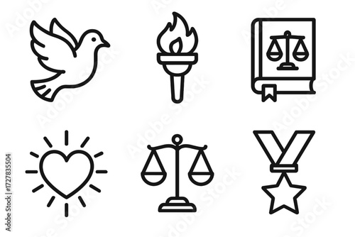 Moral Values Icons. Moral values icons in outline style: dove, torch, law book, heart with rays, justice scale, medal star