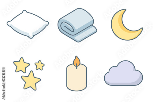 Restful Icon Collection. Peaceful rest set icons in modern isometric flat : pillow, blanket, moon crescent, stars, candle, cloud