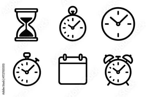 Classic Time Icons. Classic time icons in outline style: sand hourglass, pocket watch, wall clock, stopwatch, calendar page, alarm bell