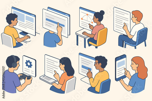 Modern Isometric Icons. Situations set icons in modern isometric flat : scrolling through webpage, user dragging bar in software, designer adjusting
