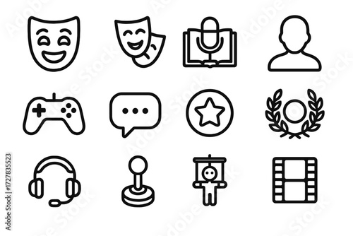 Voice Acting Icons. Voice acting roles icons in outline style: cartoon mask, drama mask, book with microphone, character silhouette, game controller,