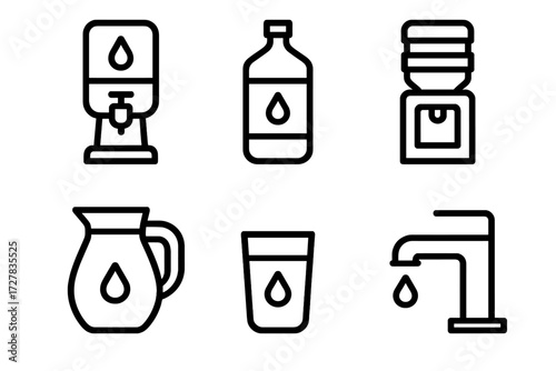Water Supply Icons. Fresh supply icons in outline style: purifier, refill bottle, water cooler, jug, glass, dispenser tap