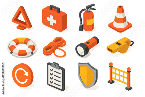 Emergency Tools Icons. Emergency fix set icons in modern isometric flat : warning triangle, first aid kit, fire extinguisher, safety cone, lifebuoy,
