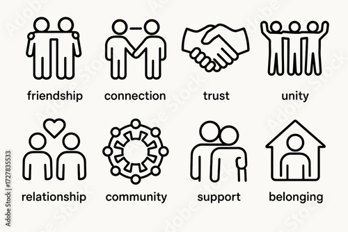 Icons of Unity. Concepts icons in outline style: friendship, connection, trust, unity, relationship, community, support, belonging