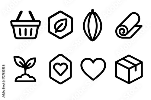Conscious Consumer Icons. Conscious consumerism icons in outline style: shopping basket, eco label, cocoa pod, textile roll, seedling plant, ethical