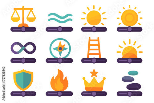 Minimalist Symbolic Icons. Symbolic slider bar in modern flat vector : balance scale, harmony wave, radiant sun, glowing aura, infinity loop, guiding