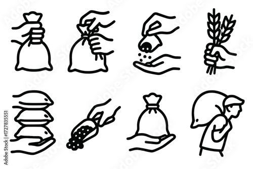 Hand Gestures Icons. Gestures icons in outline style: hand lifting sack, hand tying sack, hand pouring grains, hand holding wheat bundle, hand