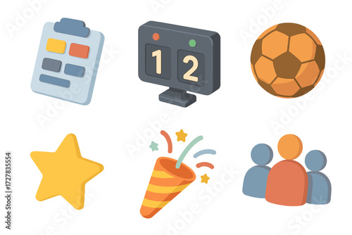 Modern Game Icons. Game results set icons in modern isometric flat : scorecard, scoreboard, ball, star, confetti, team icon