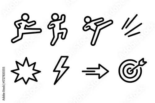 Dynamic Action Icons. Action moves icons in outline style: flying kick, jump punch, spinning kick, strike lines, explosion, lightning bolt, fast