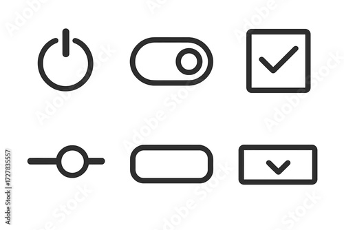UI Control Icons. UI controls icons in outline style: enable option, toggle switch, checkbox, slider, button, dropdown