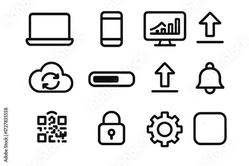 Digital Icon Set. Digital margin boost icons in outline style: laptop screen, smartphone app, dashboard chart, cloud sync, progress bar, upload arrow