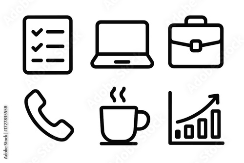 Office Essentials Icons. Office icons icons in outline style: checklist tick, laptop, briefcase, phone, coffee cup, chart