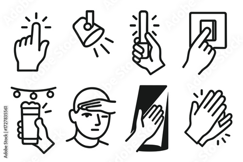 Illuminated Hand Gestures. Gestures icons in outline style: hand pointing at lights, hand adjusting spotlight, hand holding glow stick, hand pressing